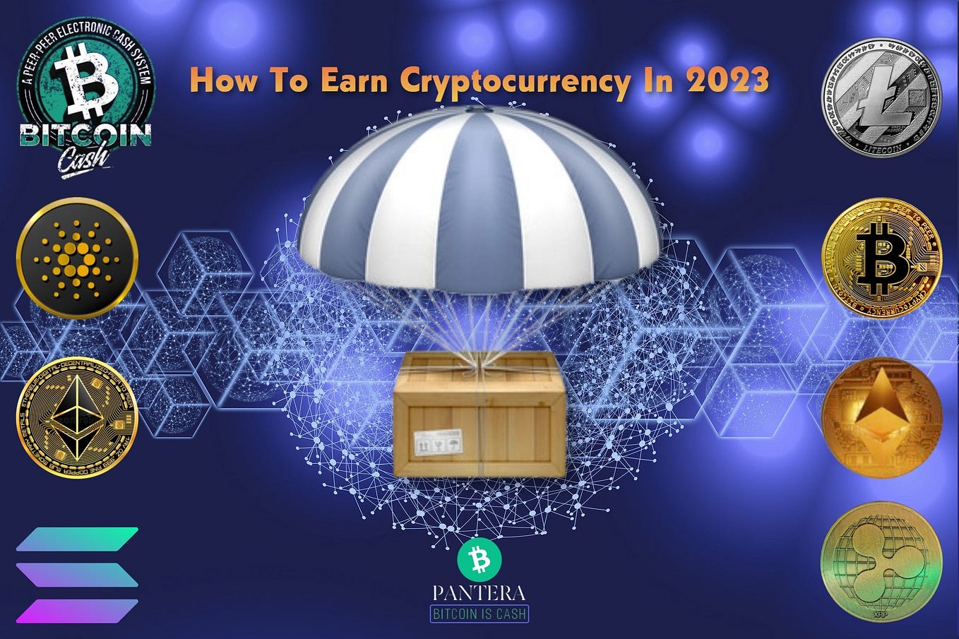 An airdrop crate with a parachute on a dark blue background with several logos of cryptocurrencies on the right and left of the picture.